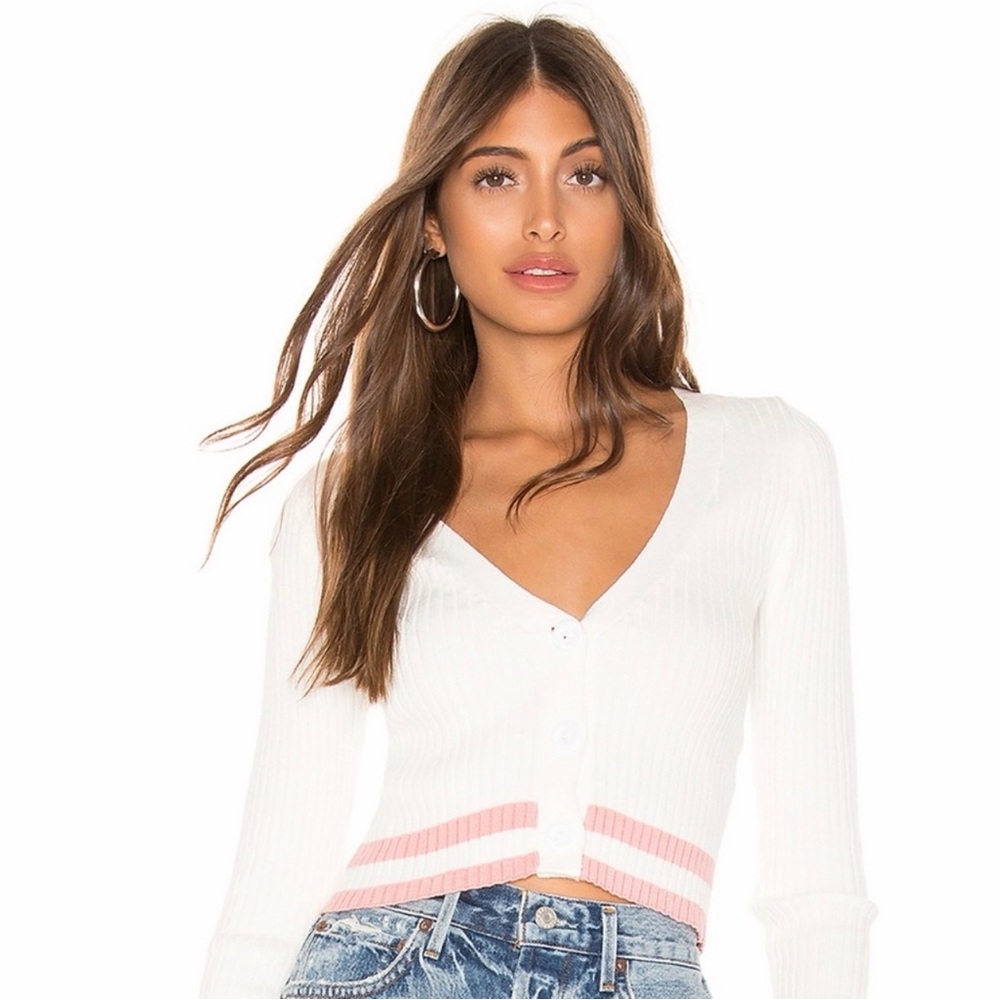 Super Down‎ Nichole Cropped Cardigan size XS Ivory Pink Ribbed Knit Sweater